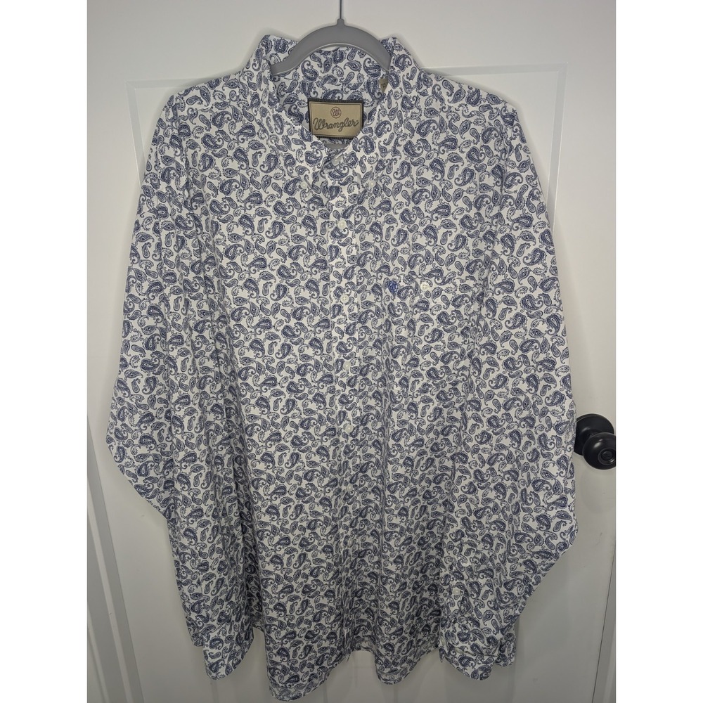Wrangler Paisley Button Up Shirt Mens XXL Blue White Western Cowboy Long Sleeve